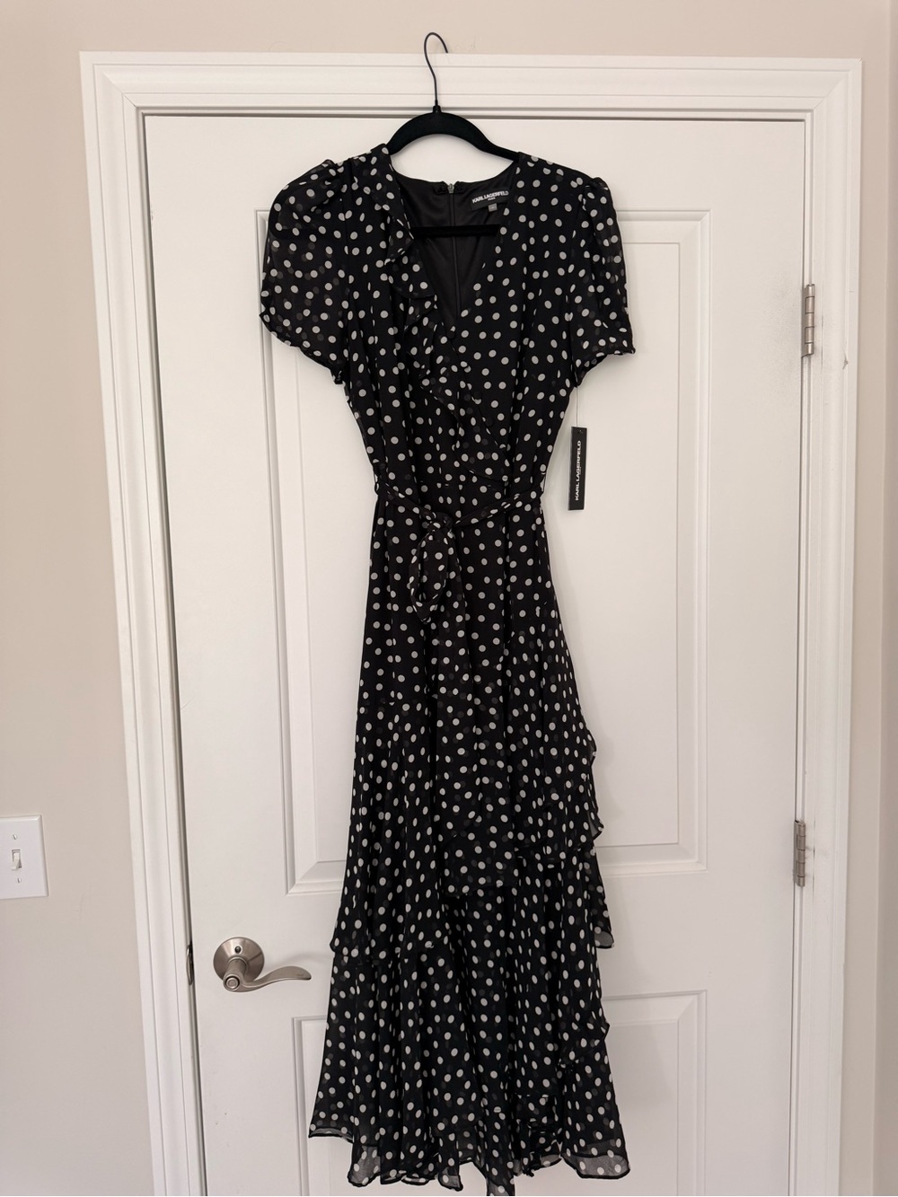 Karl Lagerfeld Black Midi Wrap Dress with White Polka Dots